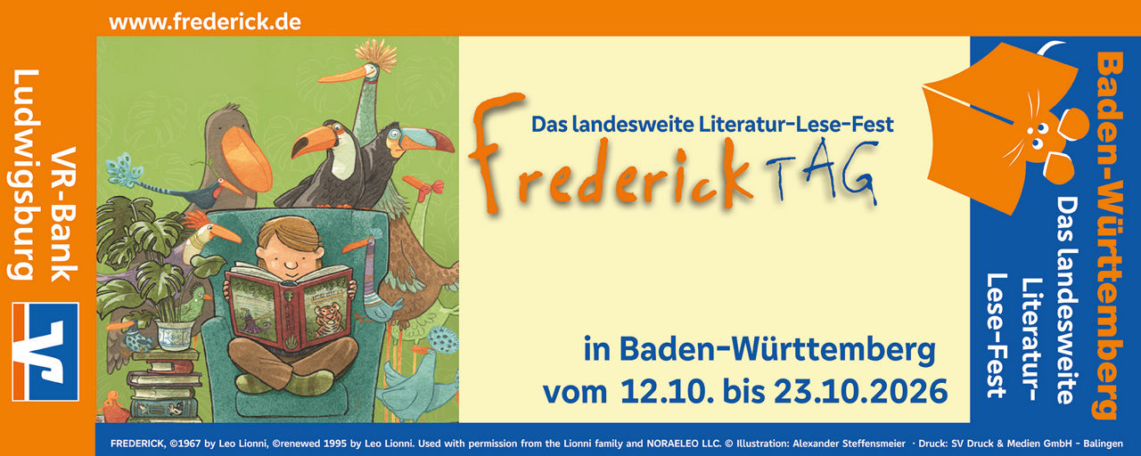 Plakat zum Frederick Tag 2026 in Baden-Württemberg: landesweites Literatur-Lese-Fest vom 17.–23. Oktober