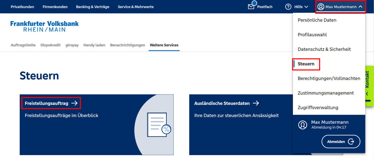 Screenshot von der Oberfläche des Onlinebankings, die zeigt, wie man seinen freistellungsauftrag anhand der Navigation Profil->Steuern-> Freistellungsauftrag ändern kann