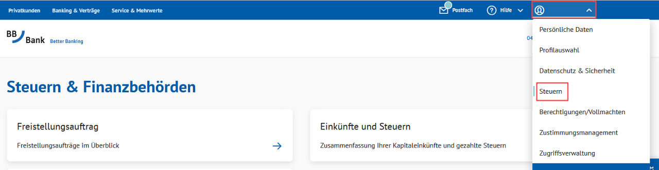 Screenshot aus dem Online-Banking der BBBank wo man den punkt "Steuern" findet.