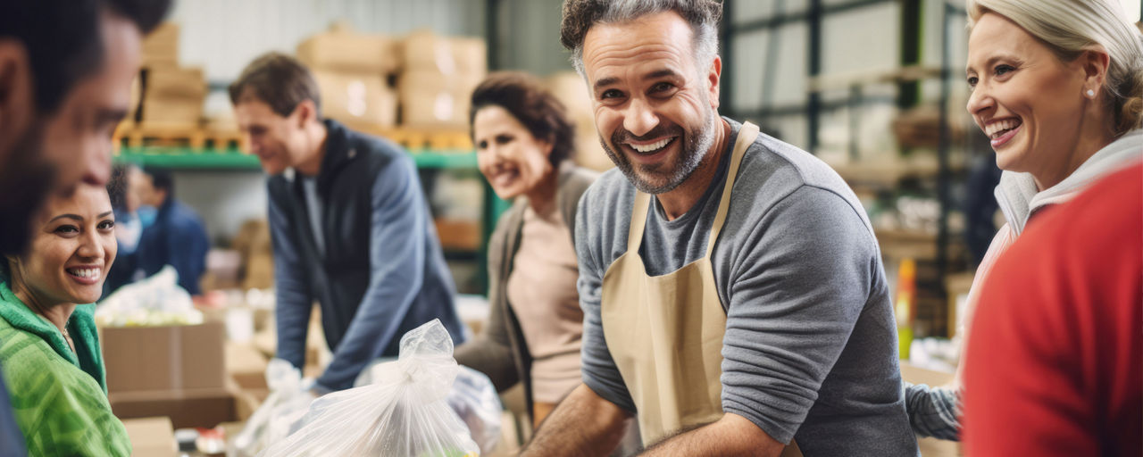 Menschen lachend im Gespräch auf einem Markt