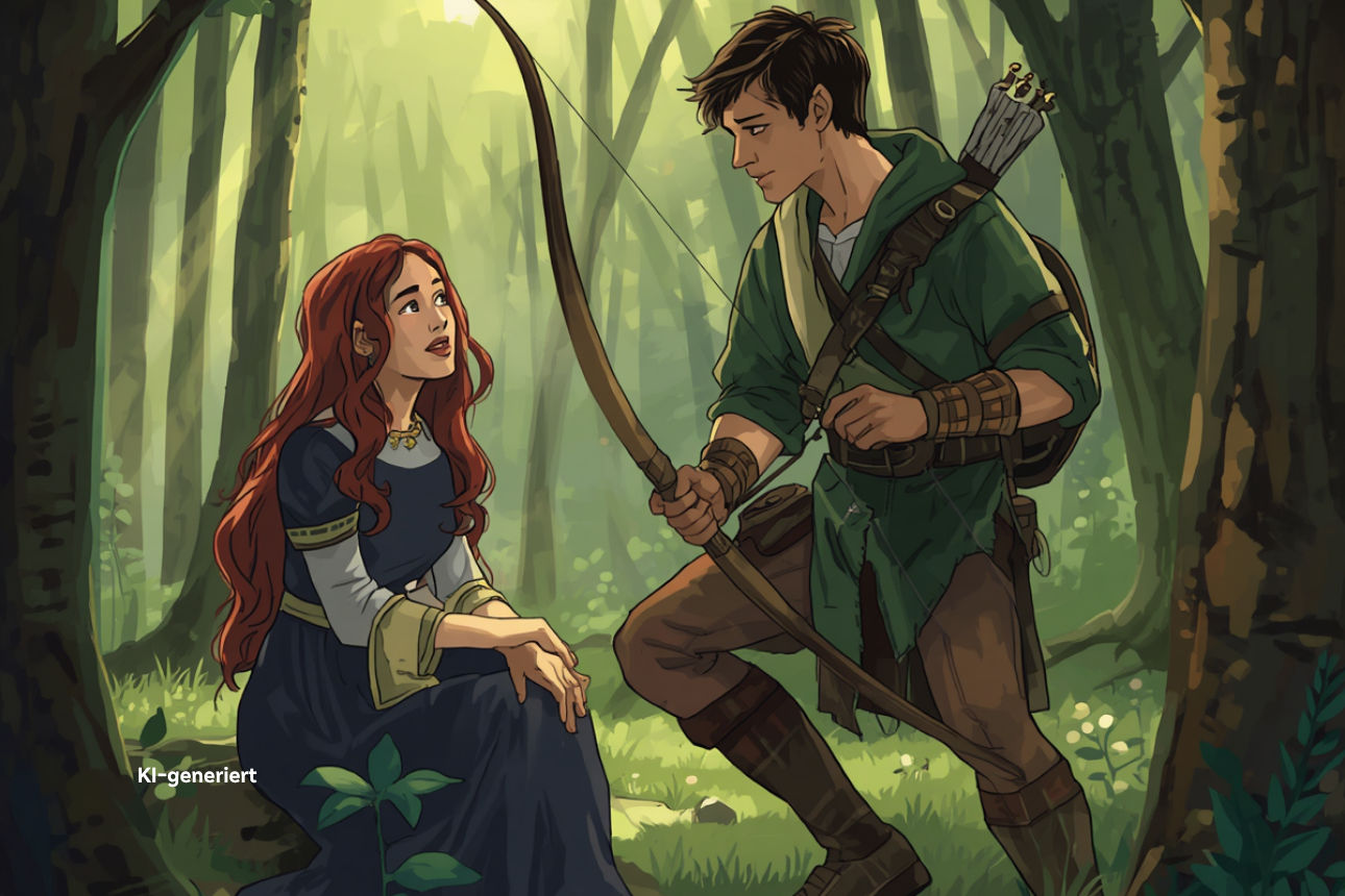 KI-Generiertes Bild von Robin Hood mit Pfeil und Bogen und einer Frau im Wald