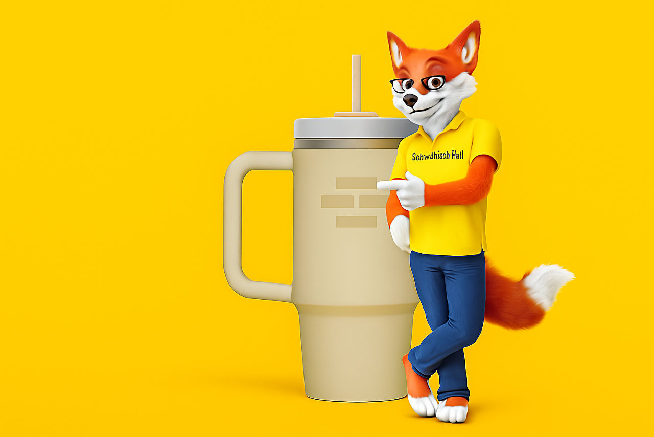  STANLEY Quencher® H2.0 FlowState™ Tumbler 1.2l im Design der Bausparkasse Schwäbisch Hall  vor gelben Hintergrund
