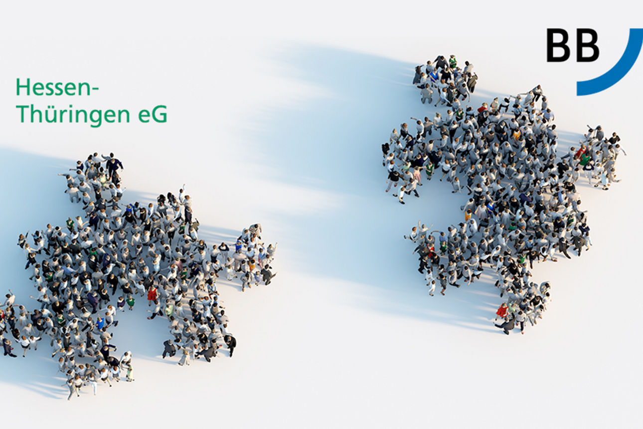 zwei Puzzle werden aus einzelnen Menschen gebildet, nebendran das PSD Bank Hessen-Thüringen eG Logo sowie das BBBank Logo