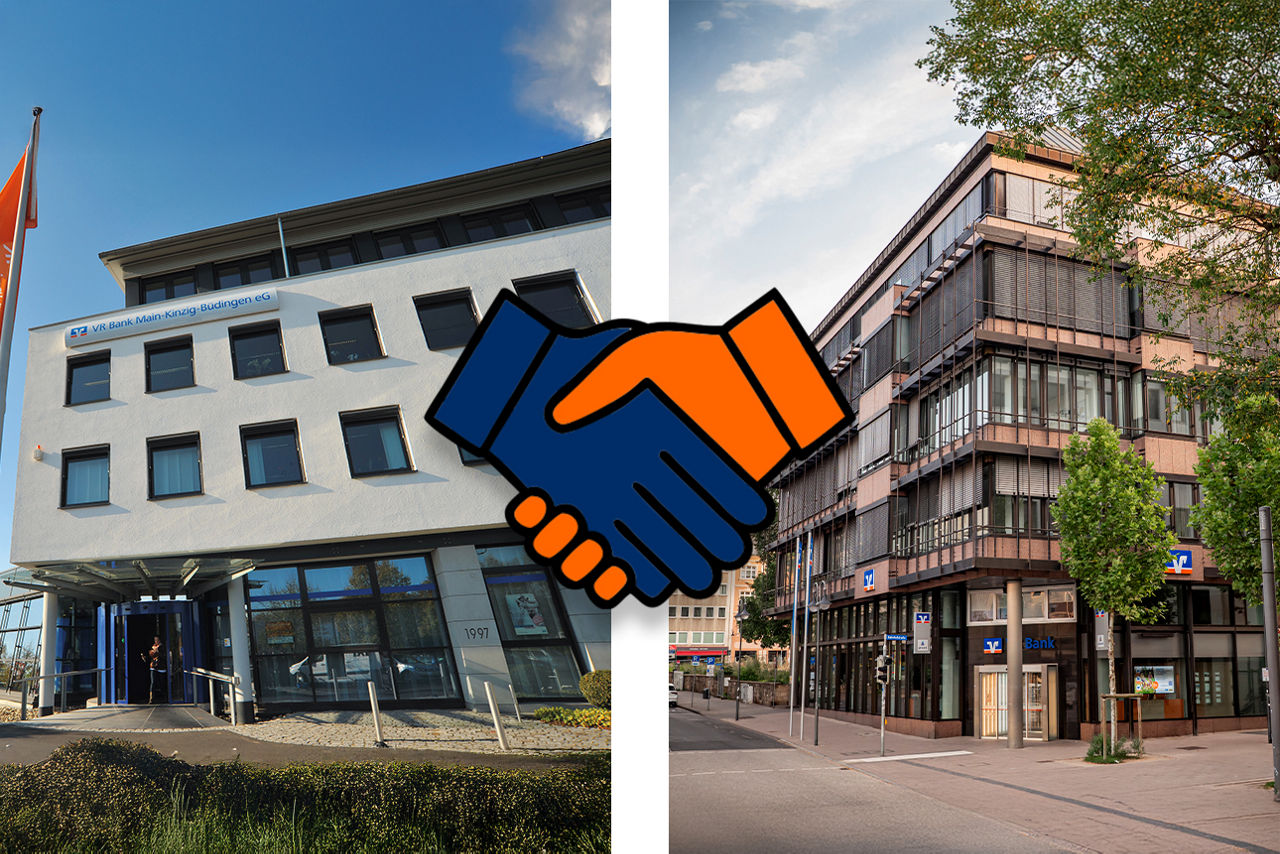 Links das VR Bank Gebäude in Altenhaßlau mit orangen Fahnen, rechts das VR Bank Gebäude in Fulda an einer Straßenecke.