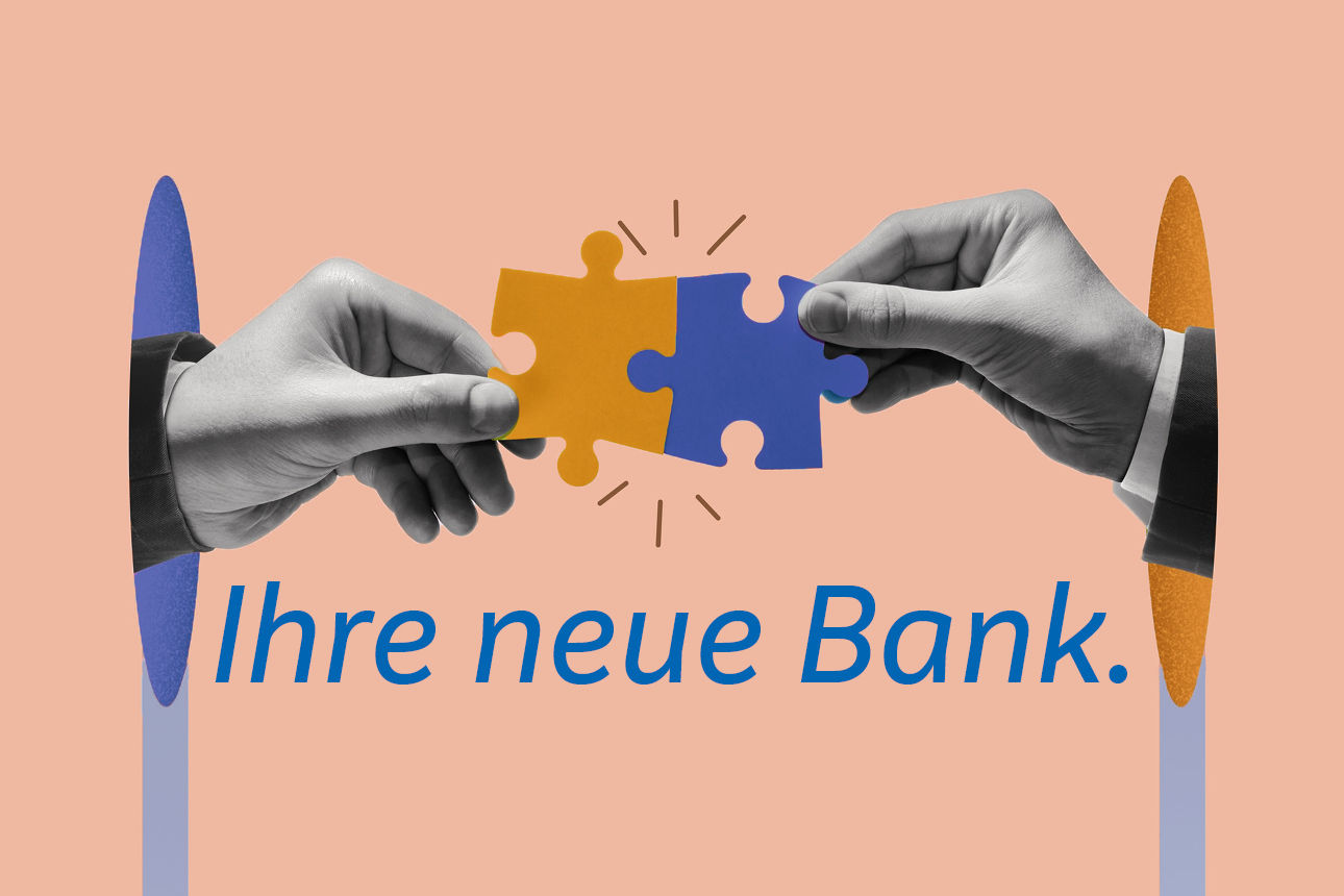 Schriftzug "Ihre neue Bank" auf orangenem Hintergrund