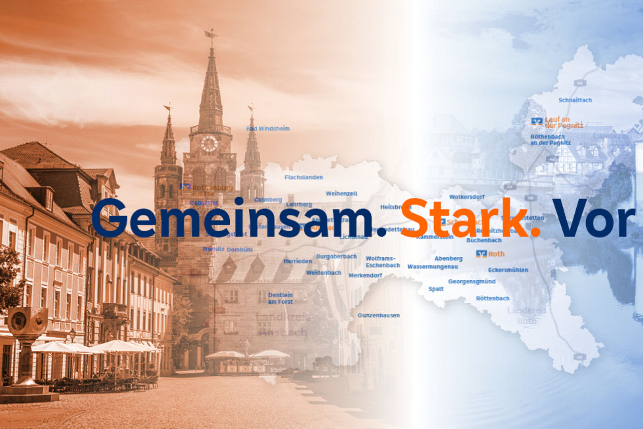 Bilder Stadt Ansbach, Stadt Lauf verschmelzen in der Mitte, mit Schrift "Zwei Regionen. Eine Bank. Gemeinsam. Stark. Vor Ort.
