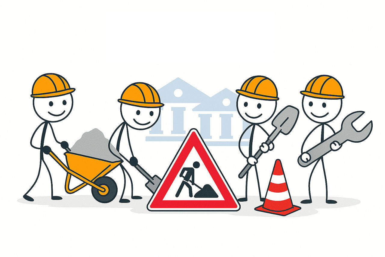 Baustelle mit Arbeitern und Geräten