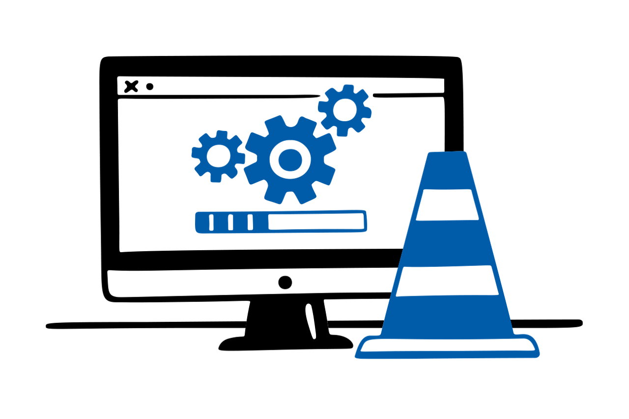Grafik von einem Bildschirm mit Zahnrädern daneben steht ein Pylon