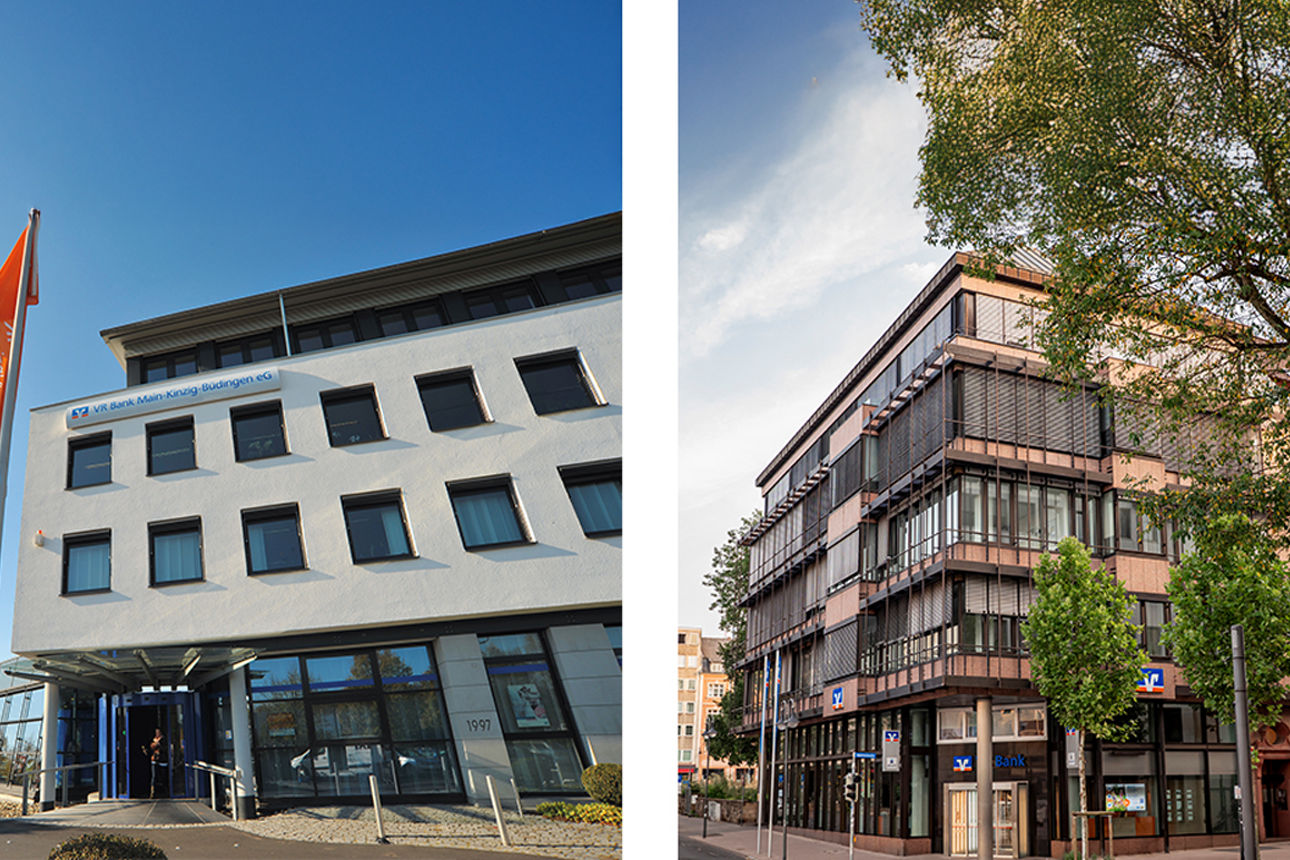 Links das VR Bank Gebäude in Altenhaßlau mit orangen Fahnen, rechts das VR Bank Gebäude in Fulda an einer Straßenecke.