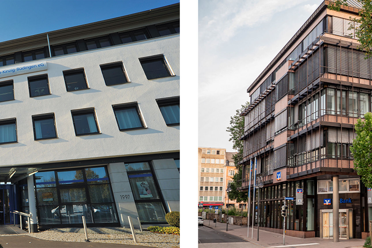 Links das VR Bank Gebäude in Altenhaßlau mit orangen Fahnen, rechts das VR Bank Gebäude in Fulda an einer Straßenecke.