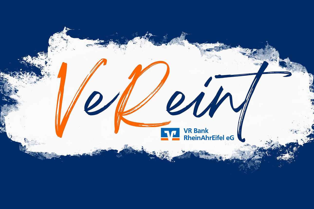 Schriftzug „VeReint“ in Orange und Blau auf weißem Hintergrund, gestaltet für die VR Bank RheinAhrEifel eG