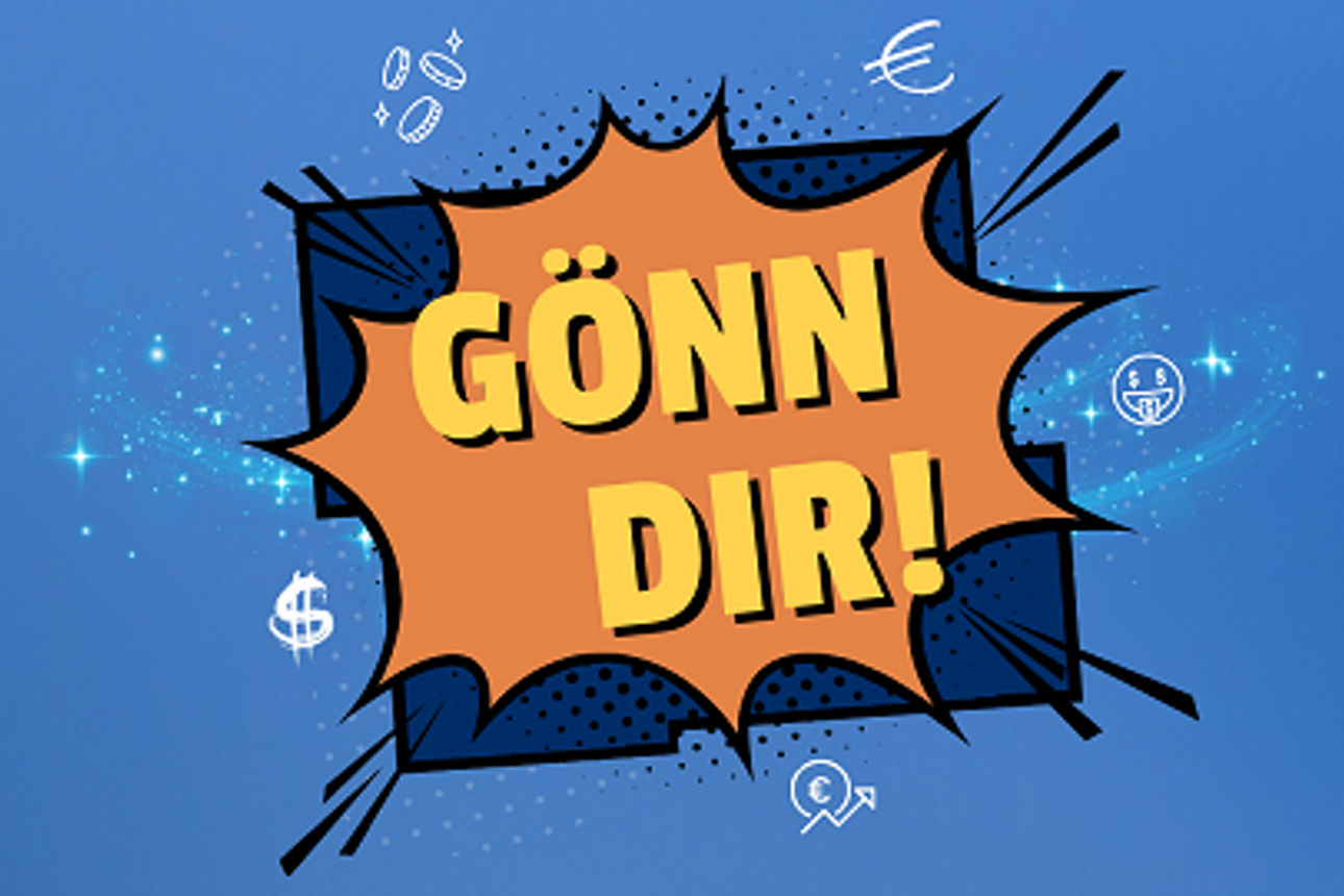 Ein blauer Hintergrund mit einer Sprechblase im Stil eines Comics, auf der in fetten gelben Buchstaben "GÖNN DIR!