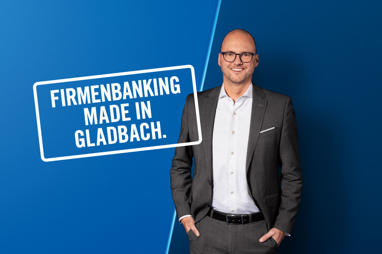 Bankmitarbeiter mit Spruch Firmenbanking made in Gladbach