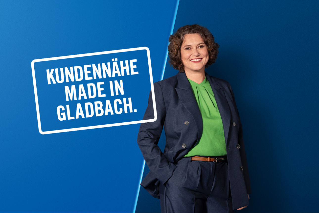 Bankmitarbeiterin mit Spruch Kundennähe made in Gladbach
