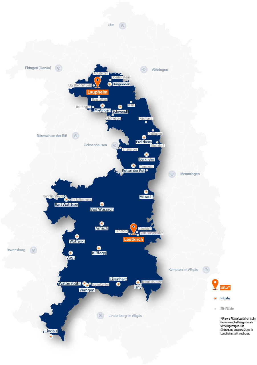 Das Bild zeigt eine Karte mit dem Geschäftsgebiet der Volksbank Allgäu-Oberschwaben