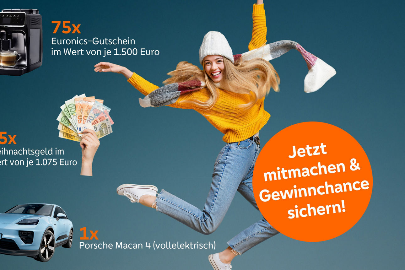 Eine springende Frau, die von möglichen Gewinnen umgeben ist.