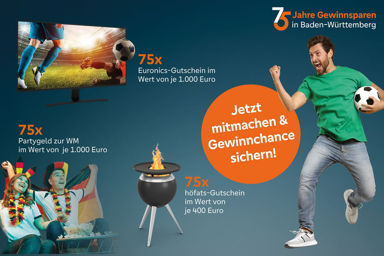 Werbegrafik zu „75 Jahre Gewinnsparen“ mit Preisen wie Fernsehern, Partygeld und Grills sowie einem jubelnden Fußballfan