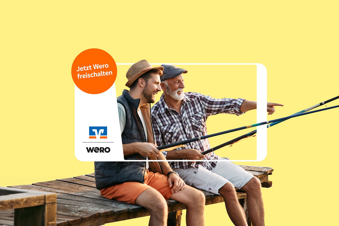 Grafik zu wero auf der ein älterer Mann mit einem juüngeren Mann beim Angeln abgebildet sind.