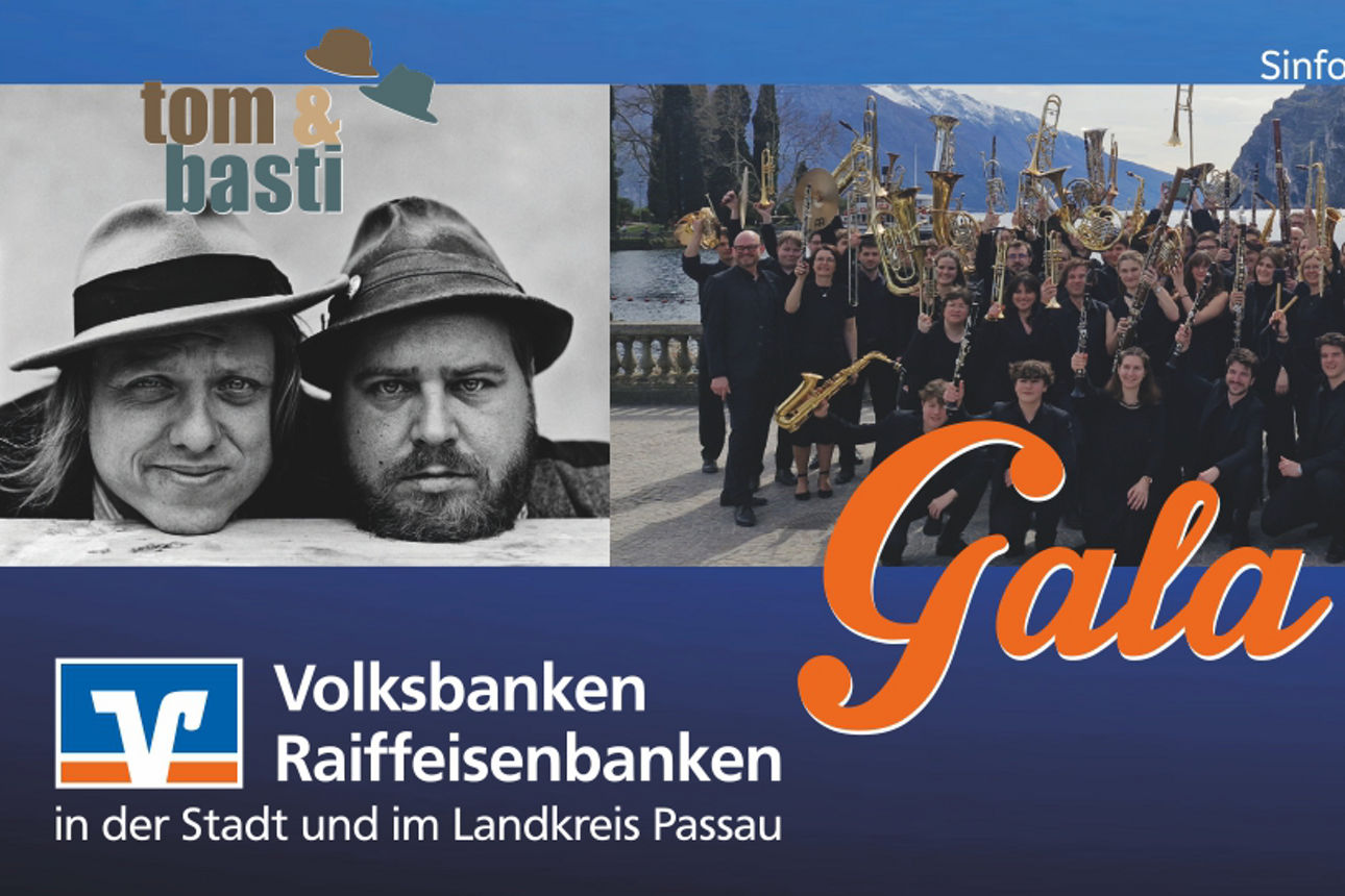 Bild für den Gala-Abend 2026: bildliche und textliche Darstellung Sinfonisches Blasorchester im Landkreis Passau mit Katja Maderer (Sopran), tom&basti sowie Schriftzug Gala-Abend und Logo Volksbanken Raiffeisenbanken in der Stadt und im Landkreis Passau.