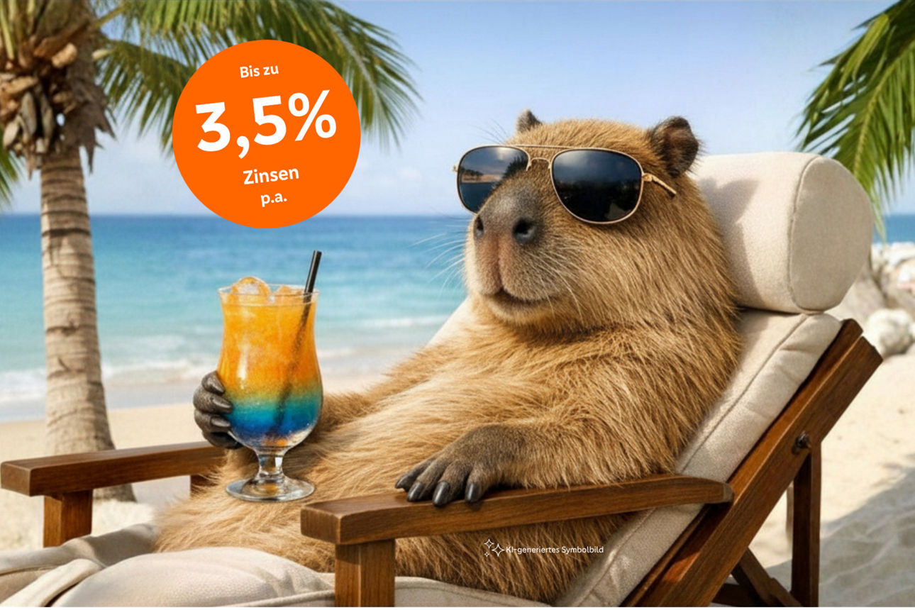 Wasserschwein mit Cocktail - Störer - bis zu 3,5% Zinsen p.a.
