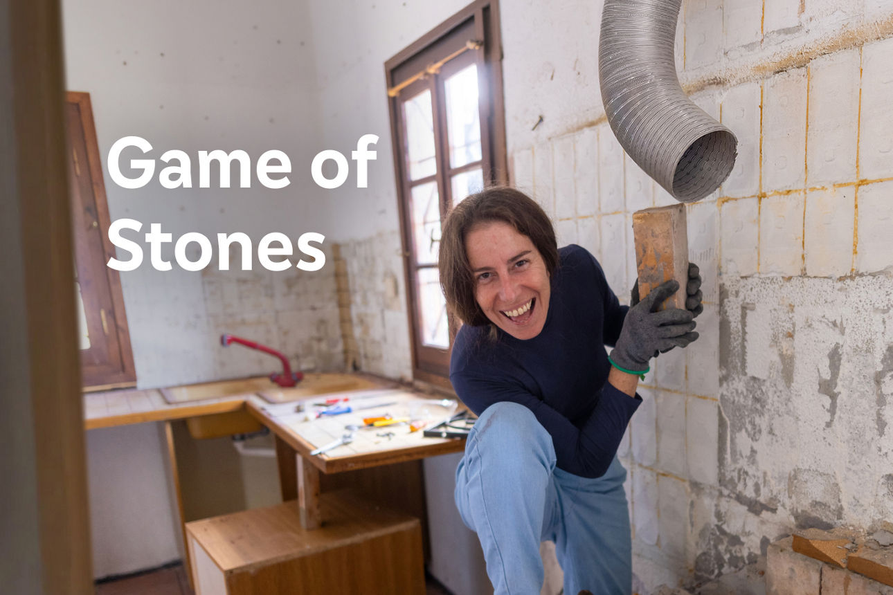 Frau mit Ziegelstein in der Hand beim Renovieren 