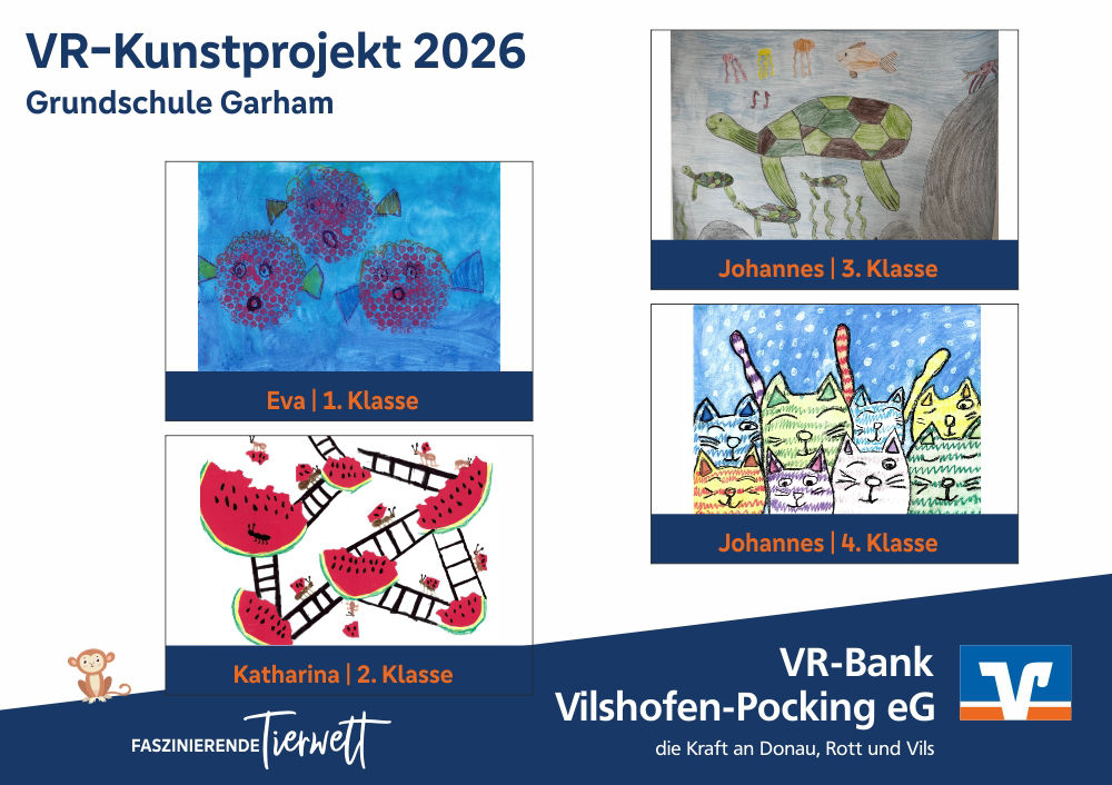 Die vier Gewinnerbilder VR-Kunstprojekt 2026, Grundschule Garham: Fische, Unterwasserwelt, Ameisen, Katzen.
