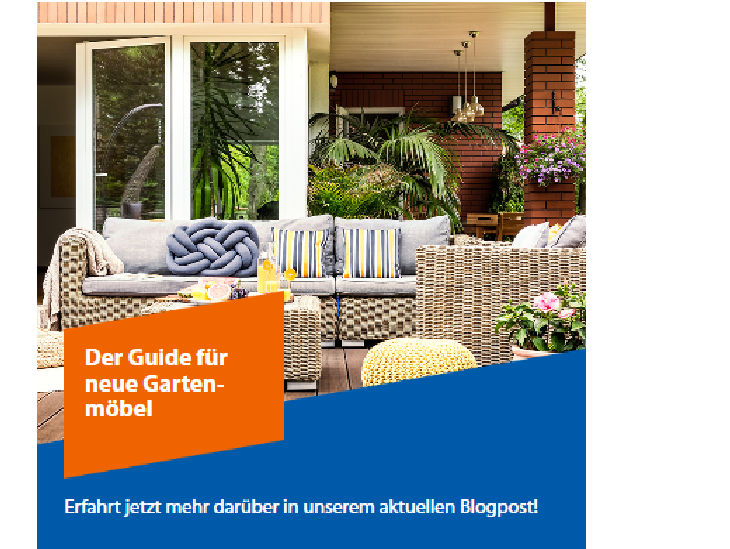 Eine Terrasse mit Gartenmöbeln aus Bast und der Text "Der Guide für neue Gartenmöbel"