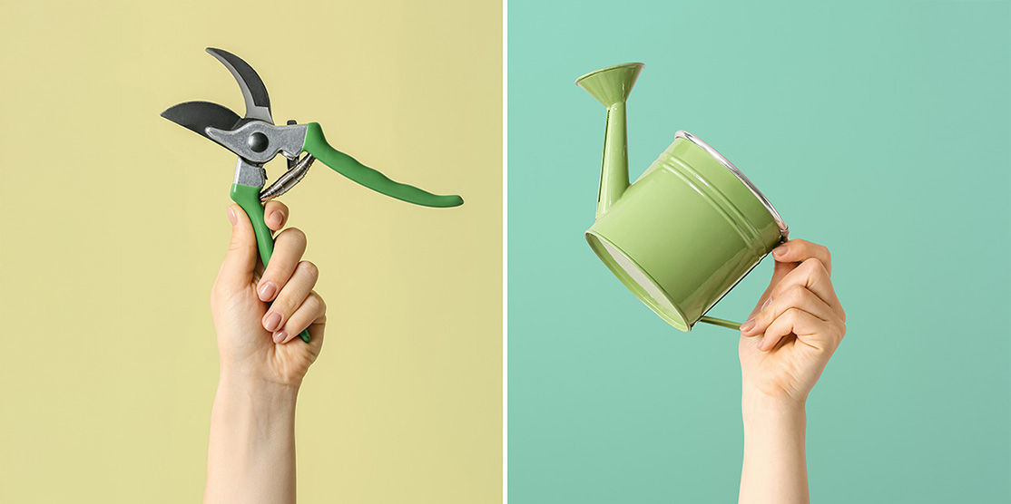 Gartenscheere und Gießkanne