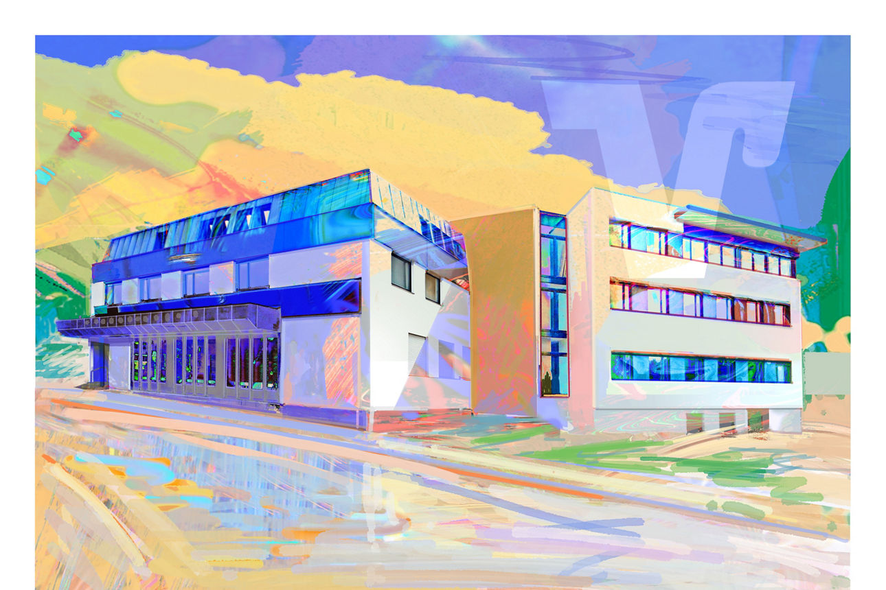Ein buntes Bild von einem großen Gebäude.