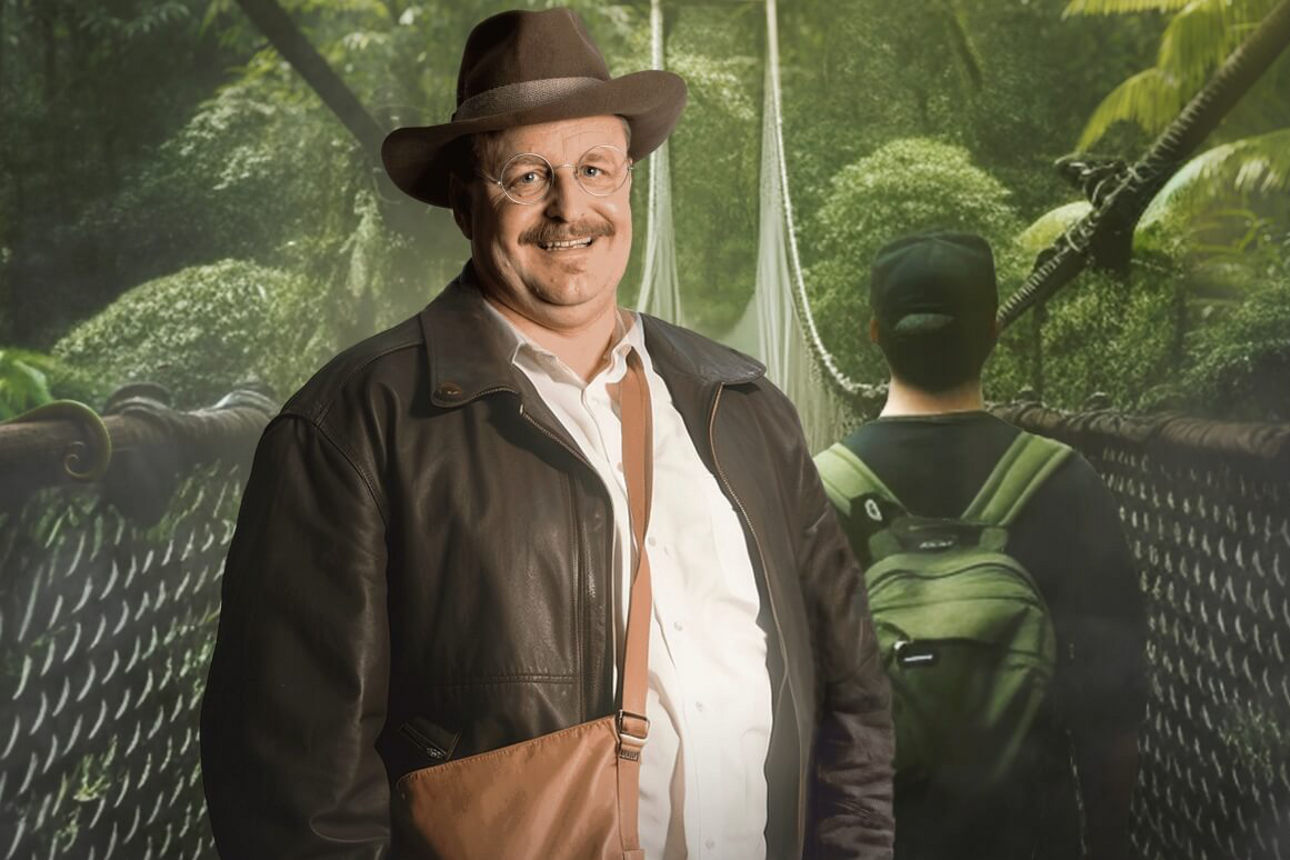 Mitarbeiter in Safari Kleidung steht im Dschungel