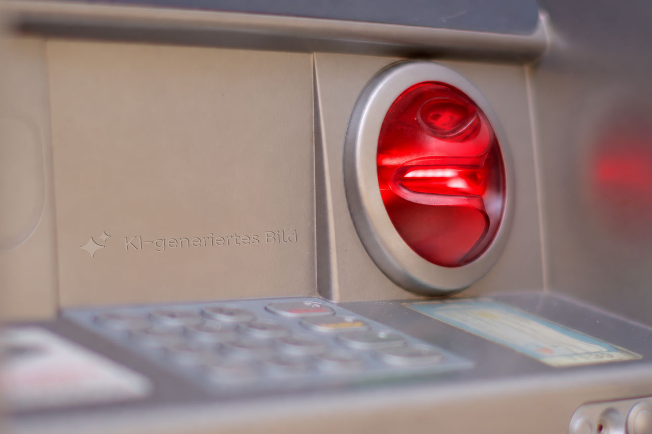 Nahaufnahme eines silbernen Geldautomaten. Der runde Karteneinschub leuchtet auffällig rot, was einen Status wie „außer Betrieb“ anzeigt. Darunter ist teilweise die Tastatur zu erkennen, und auf dem Gehäuse befindet sich der dezente Schriftzug „KI-generiertes Bild“.