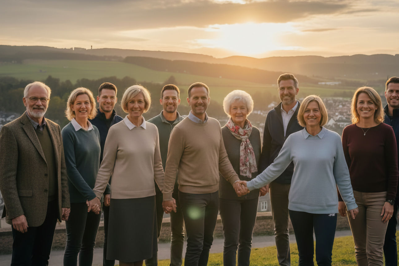 Eine Gruppe von 11 Erwachsenen verschiedenen Alters steht nebeneinander auf einer Anhöhe und blickt lächelnd in die Kamera. Im Hintergrund sind Hügel und Wälder. Einige Personen halten sich an den Händen, was ein Gefühl von Zusammenhalt vermittelt.  