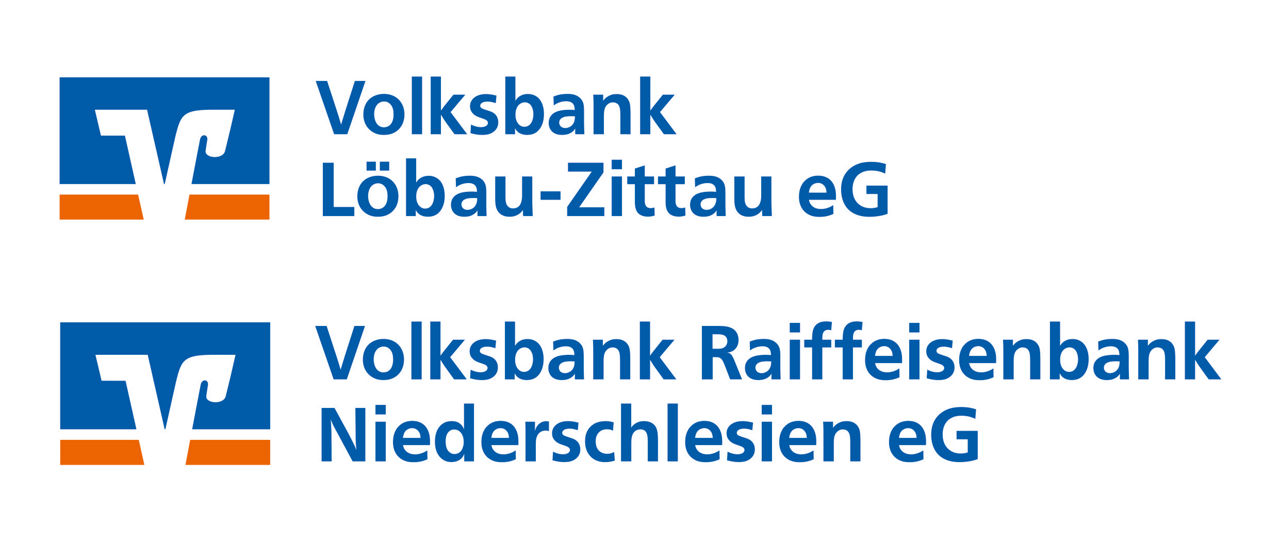 Logo Volksbank Löbau-Zittau eG und darunter Logo Volksbank Raiffeisenbank Niederschlesien eG