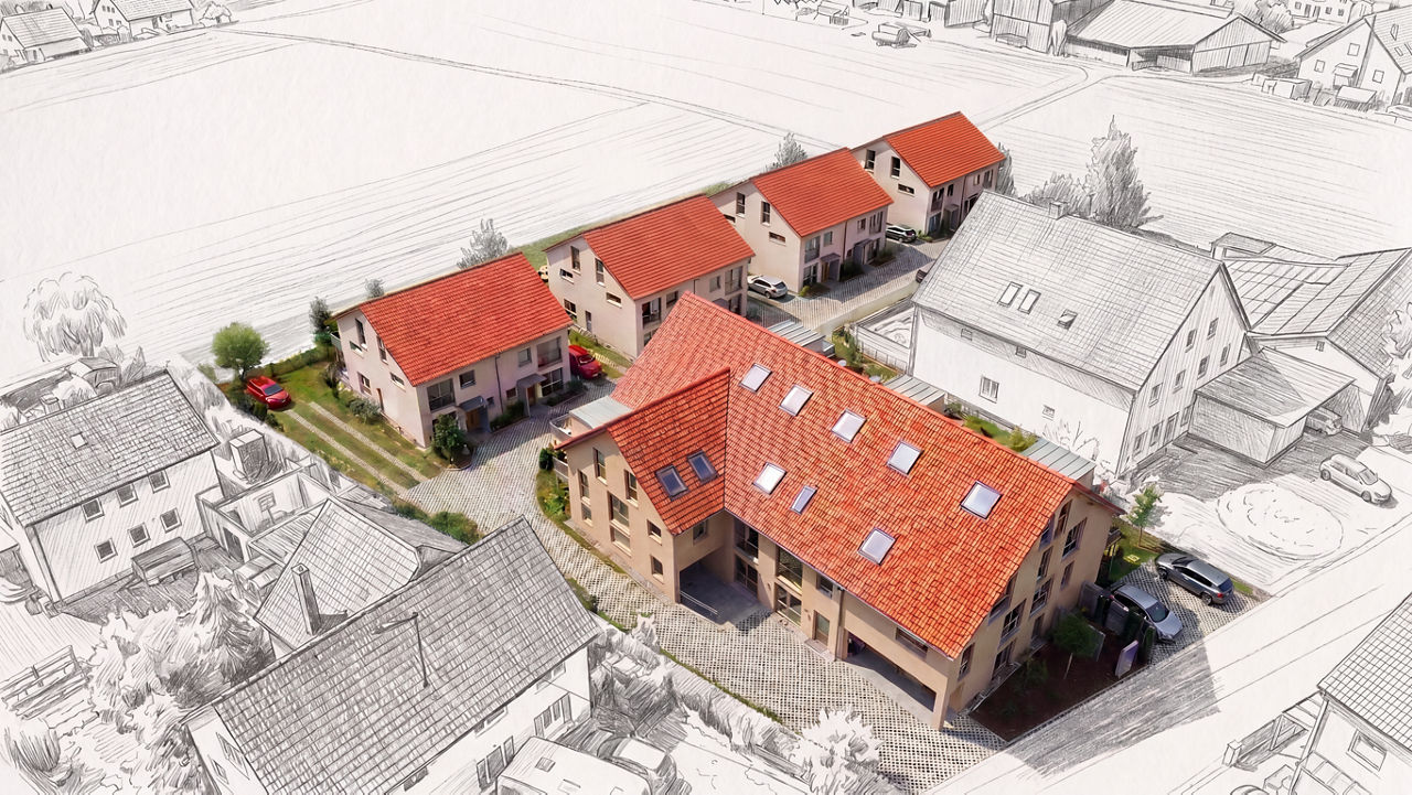 Seiten- und Rückansicht eines modernen Mehrfamilienhauses mit Balkonen, Solaranlage auf dem Dach und großzügiger Grünfläche.
