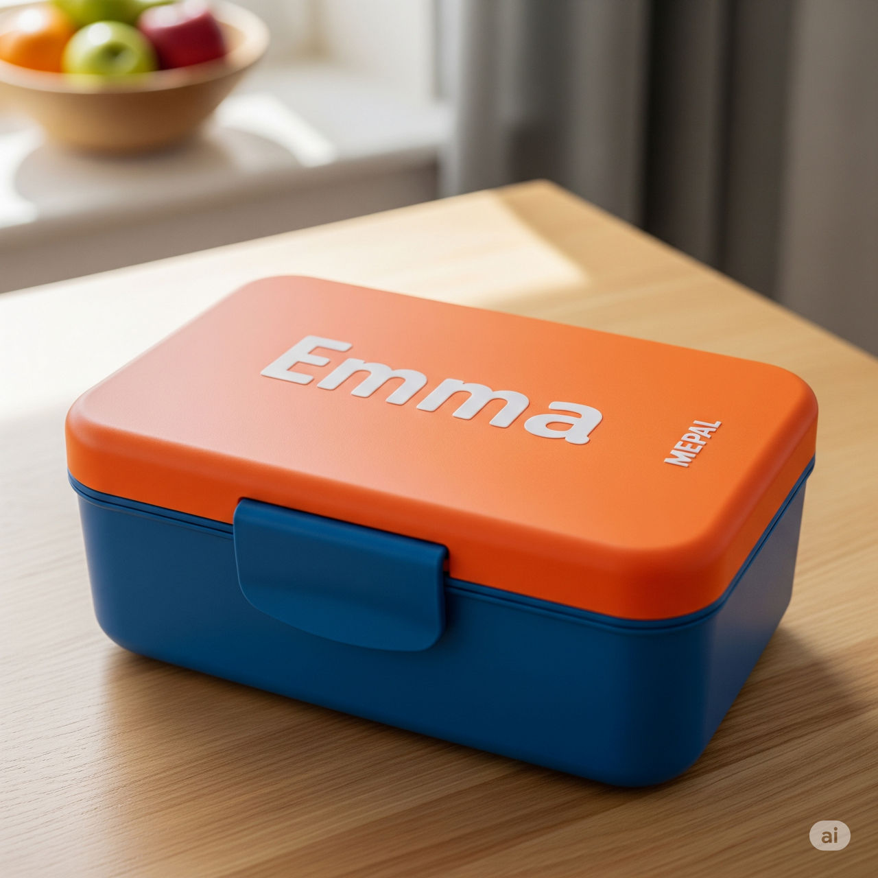 Eine Brotdose in orange-blau mit dem Namen Emma.