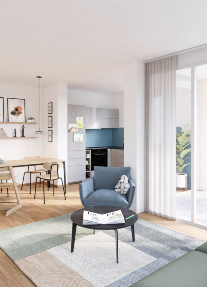 Offener Wohn- und Essbereich mit Sitzecke, Esstisch und moderner Küche.