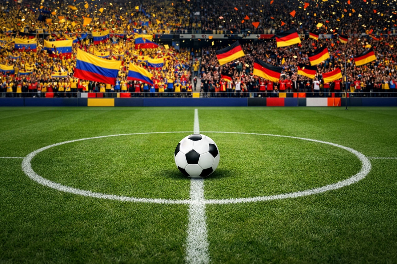 Fußball auf Mittelkreis im Stadion, Fans mit Deutschland- und Kolumbien-Flaggen auf den Tribünen