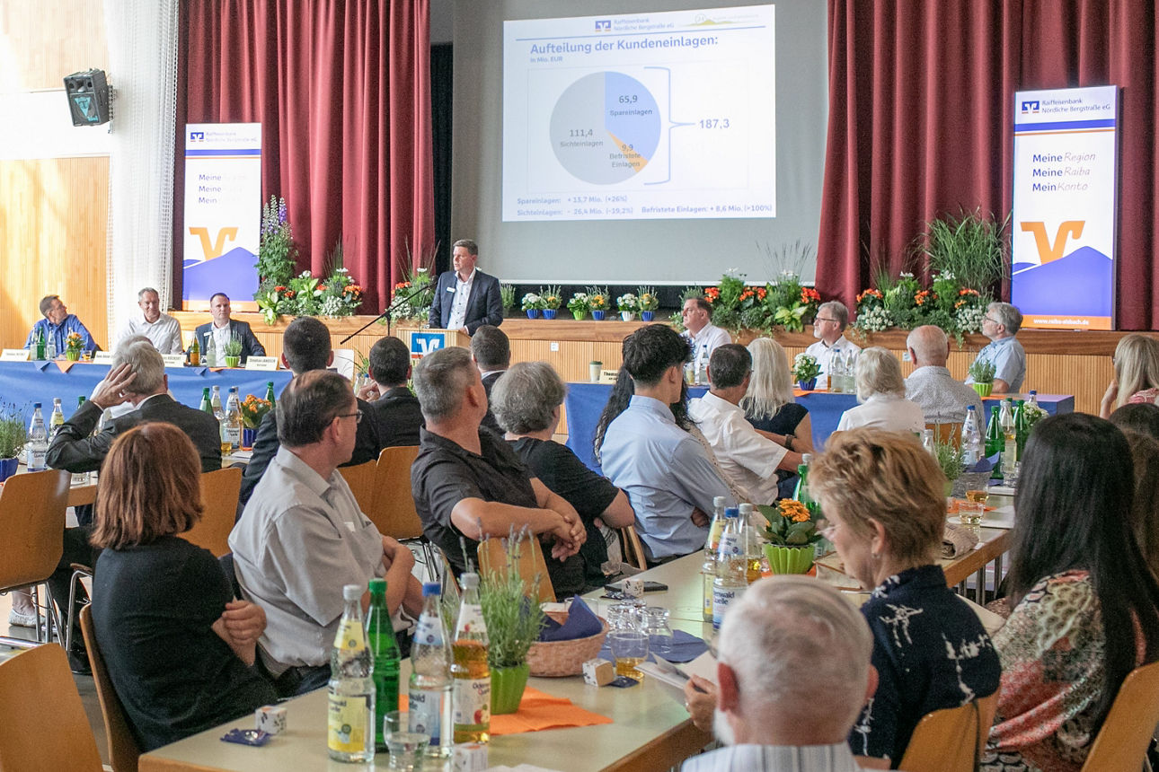 Foto von vielen Teilnehmern der Generalversammlung mit einem Tortendiagramm im Hintergrund