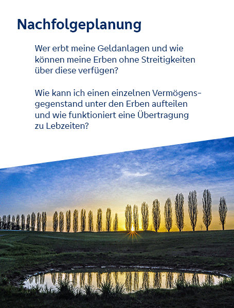 Nachfolgeplanung. Wer erbt meine Geldanlagen und wie können meine Erben ohne Streitigkeiten über diese verfügen? Wie kann ich einen einzelnen Vermögensgegenstand unter den Erben aufteilen und wie funktioniert eine Übertragung zu Lebzeiten?