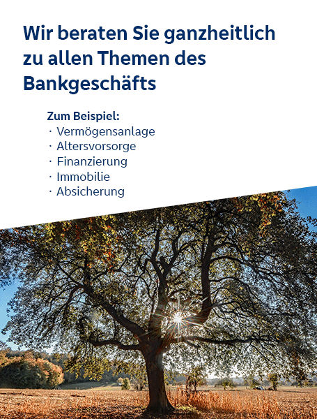 Wir beraten Sie ganzheitlich zu allen Themen des Bankgeschäfts. Zum Beispiel Vermögensanlage, Altersvorsorge, Finanzierung, Immobilie, Absicherung.