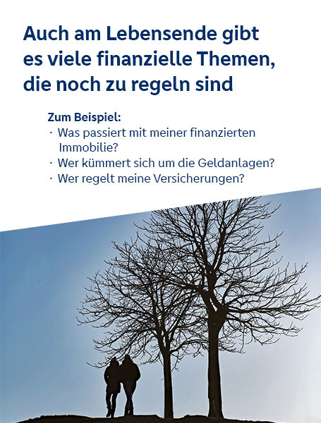 Auch am Lebensende gibt es viele finanzielle Themen, die noch zu regeln sind. Zum Beispiel, was passiert mit meiner finanzierten Immobilie? Wer kümmert sich um die Geldanlagen? Wer regelt meine Versicherungen? Im Bild: zwei Menschen unter einem Baum