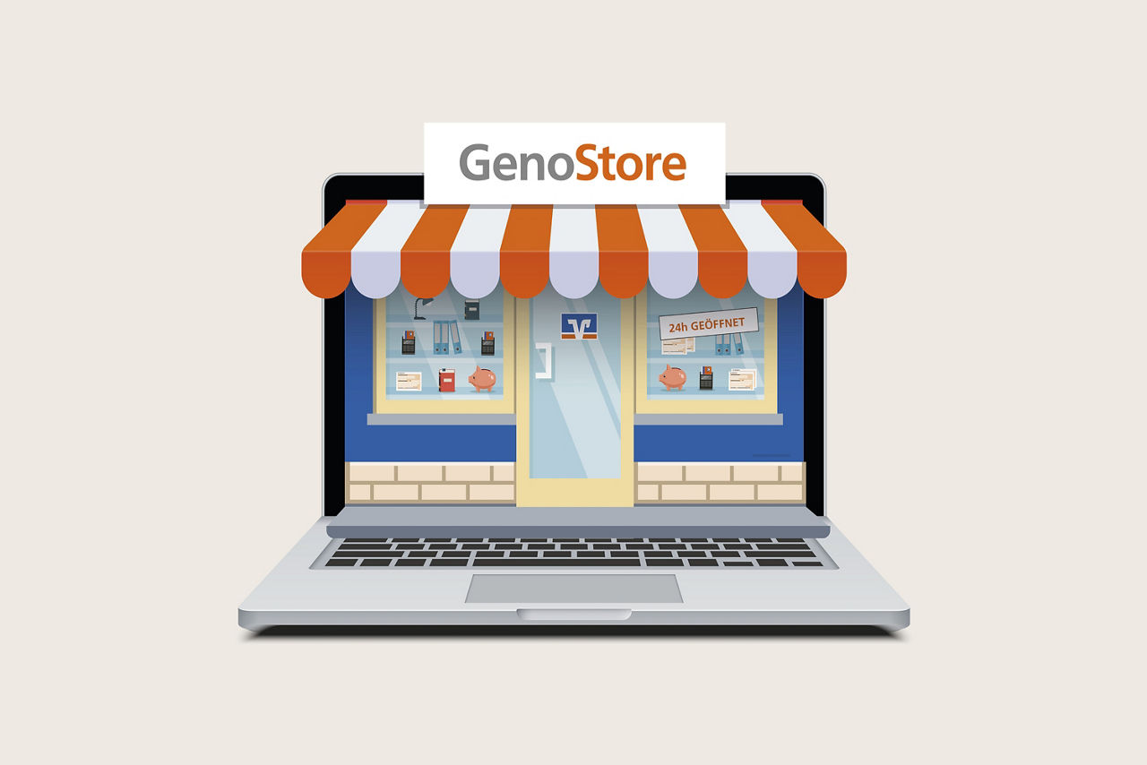 Grafik von einem laptop mit Markise und Aufschift Genostore. 