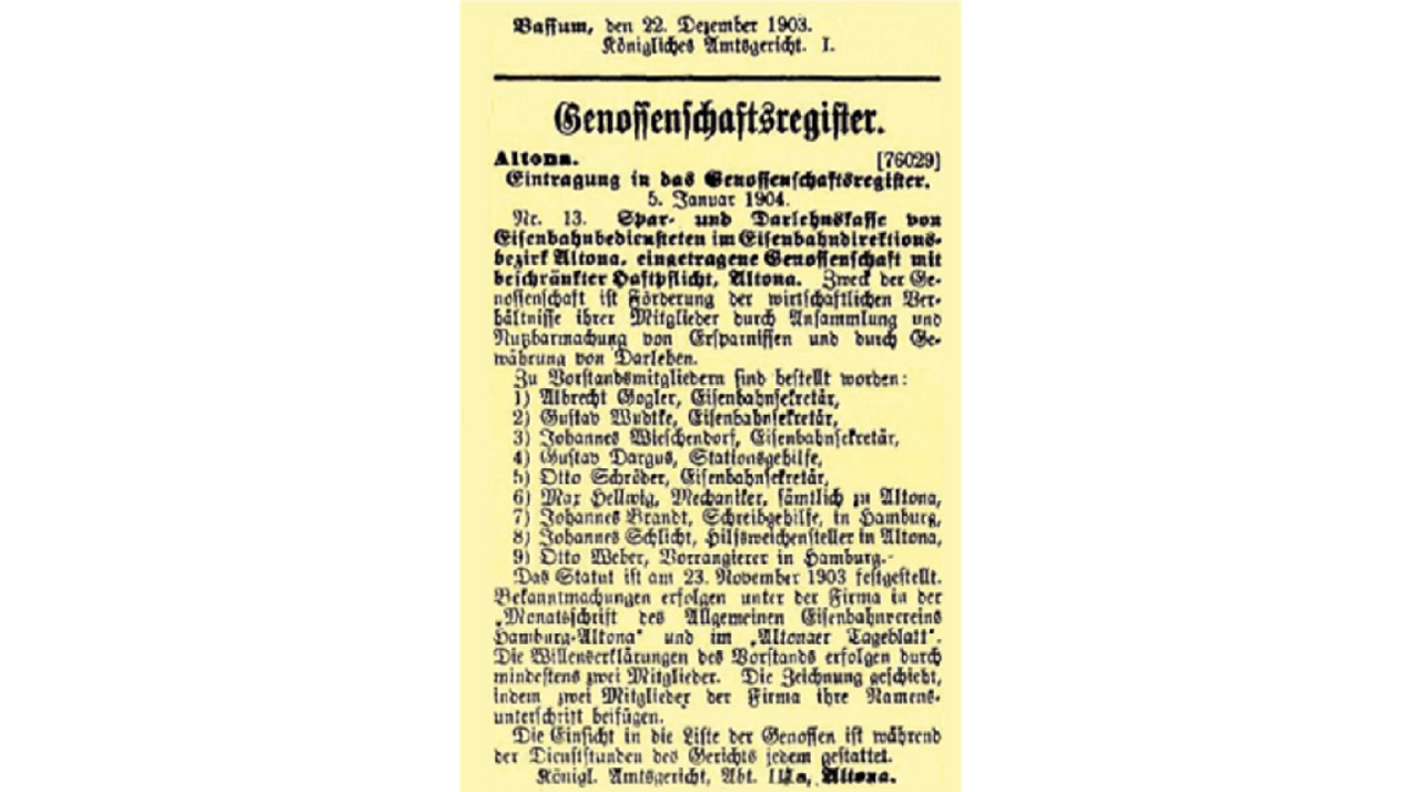 Bild zeigt den Auszug über die Gründung der Genossenschaft