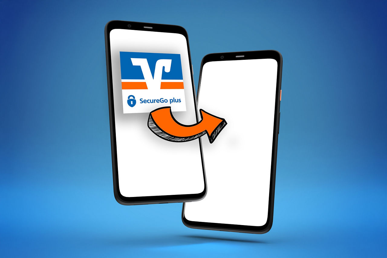 2 aufrecht stehende Smartphones mit weißem Hintergrund. Auf dem linken Smartphone ist das Symbol der SecureGo plus App eingeblendet, von hier führt ein orangener Pfeil auf das zweite Smartphone mit dem weißen Hintergrund. Das Bild steht für den Transfer der App von einem auf das andere Gerät. Der Bildhintergrund ist blau.