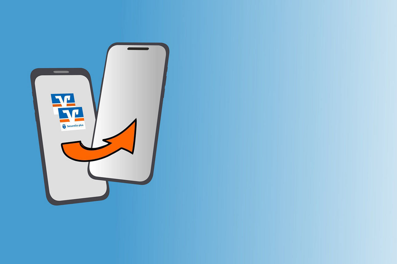 Zwei Smartphones mit Volksbank-Logo und orangefarbenem Pfeil zwischen den Geräten