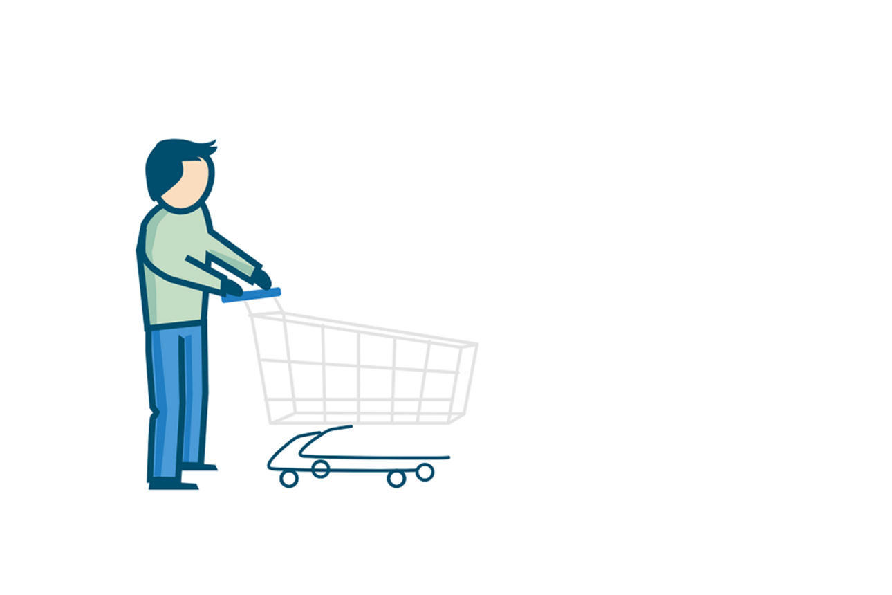 Mann mit Einkaufswagen.