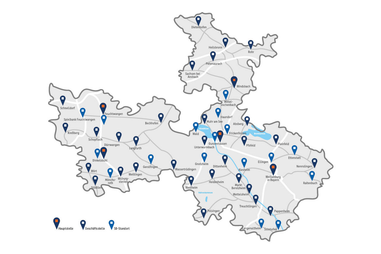 Karte des Geschäftsgebiet der VR Bank im südlichen Franken  eG inklusive aller Geschäftsstellen