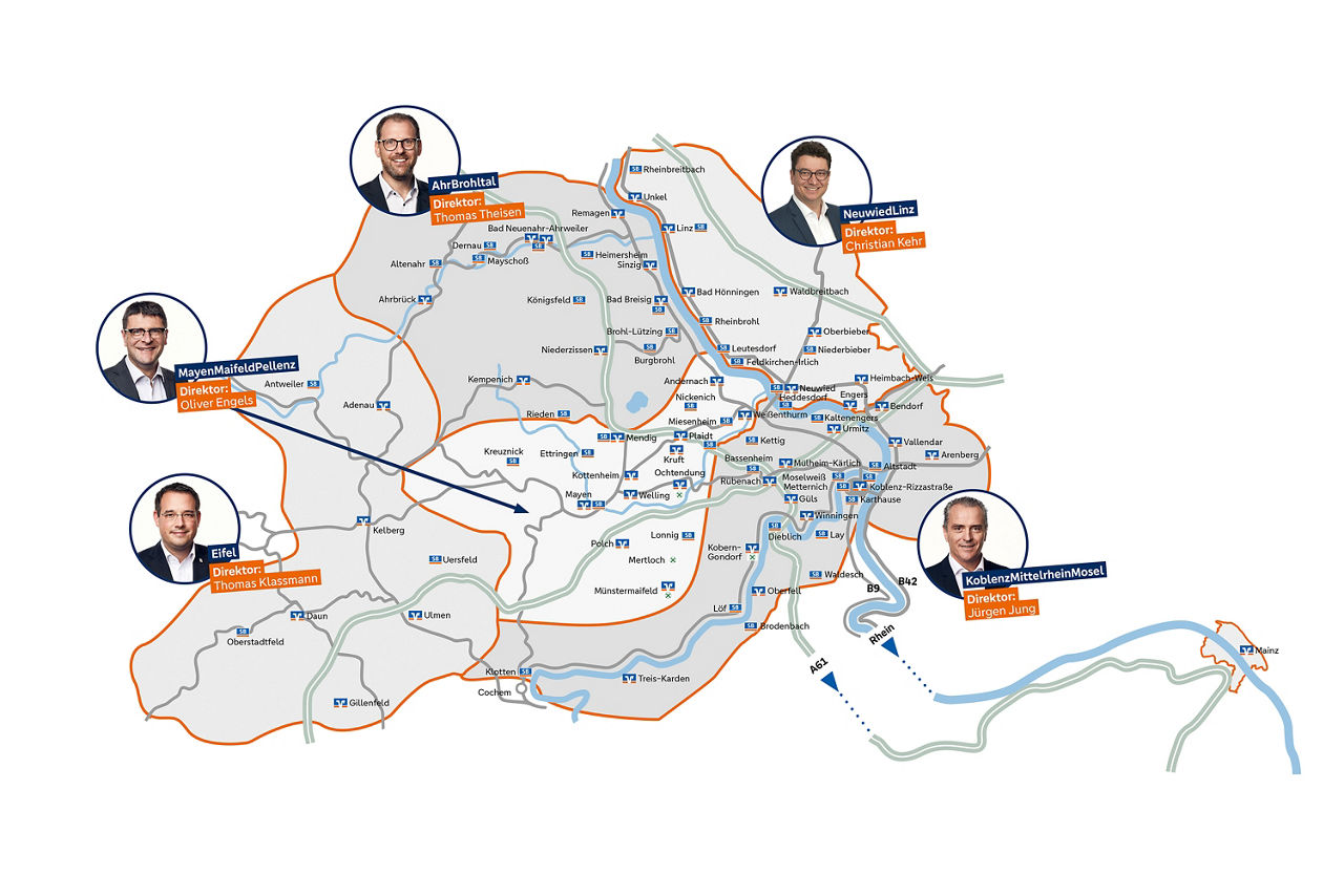 Das Bild zeigt eine illustrierte Landkarte des Geschäftsgebietes der VR Bank RheinAhrEifel eG