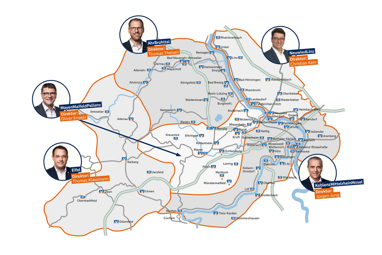 Das Bild zeigt eine illustrierte Landkarte des Geschäftsgebietes der VR Bank RheinAhrEifel eG