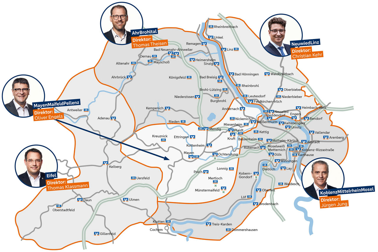 Das Bild zeigt eine illustrierte Landkarte des Geschäftsgebietes der VR Bank RheinAhrEifel eG